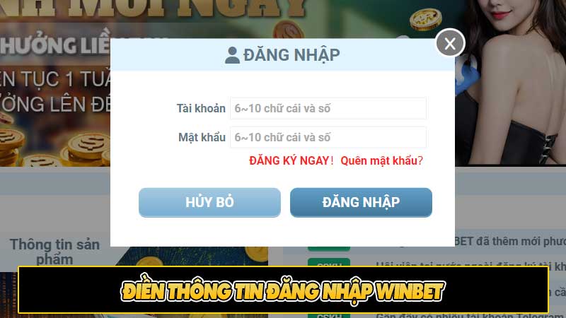 Điền thông tin đăng nhập Winbet